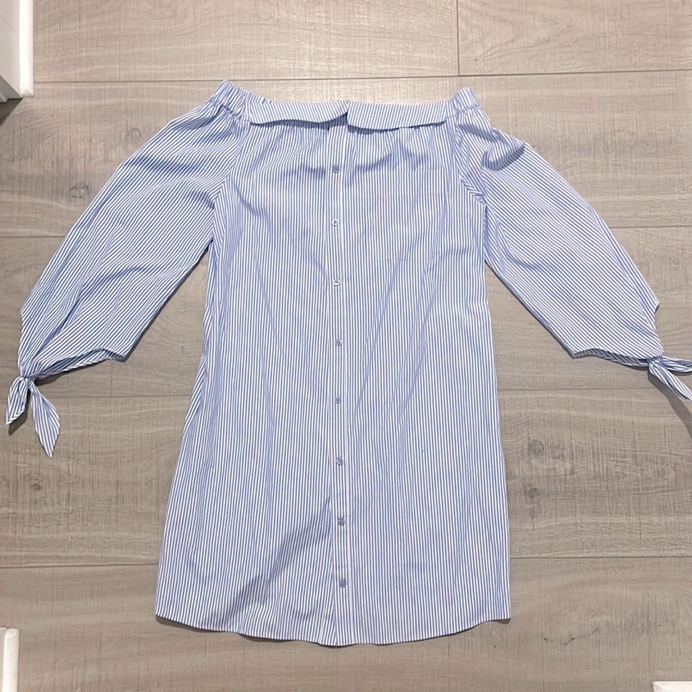 Striped off the shoulder button-up dress